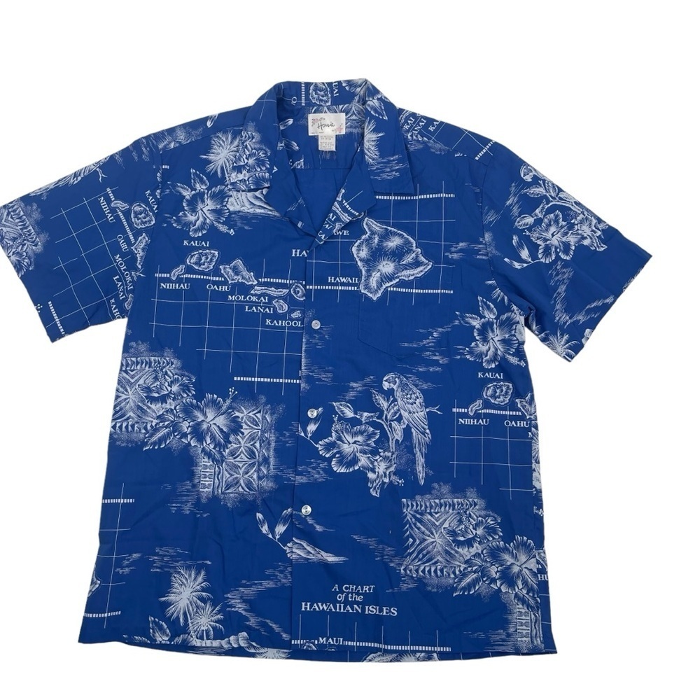Howie Men’s Size XL Blue made in Hawaii button front shirt maps islands print